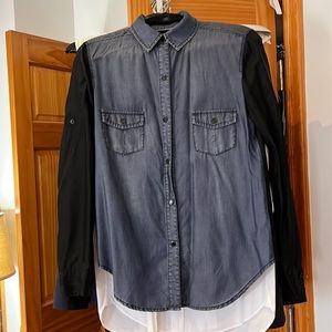 Blank denim button down with black silk sleeves / silk back